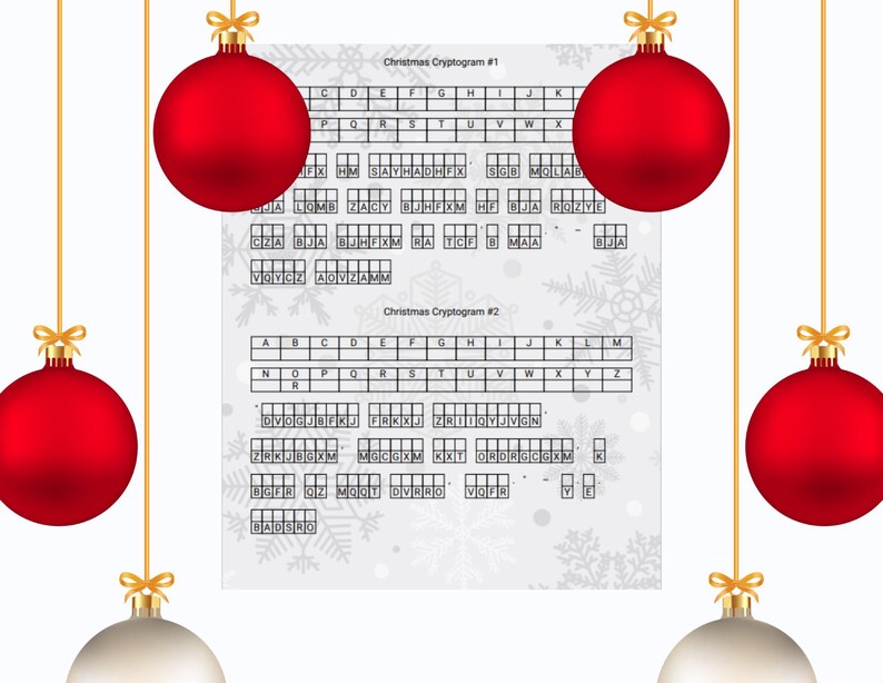 Op de afbeelding: Twee kerstcryptogrammen met een rooster van letters en een leeg rooster om de antwoorden in te vullen. De cryptogrammen zijn getiteld "Christmas Cryptogram #1" en "Christmas Cryptogram #2".