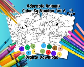 Adorable Animals Color By Number: 10 Printable Pages (Digital Download)