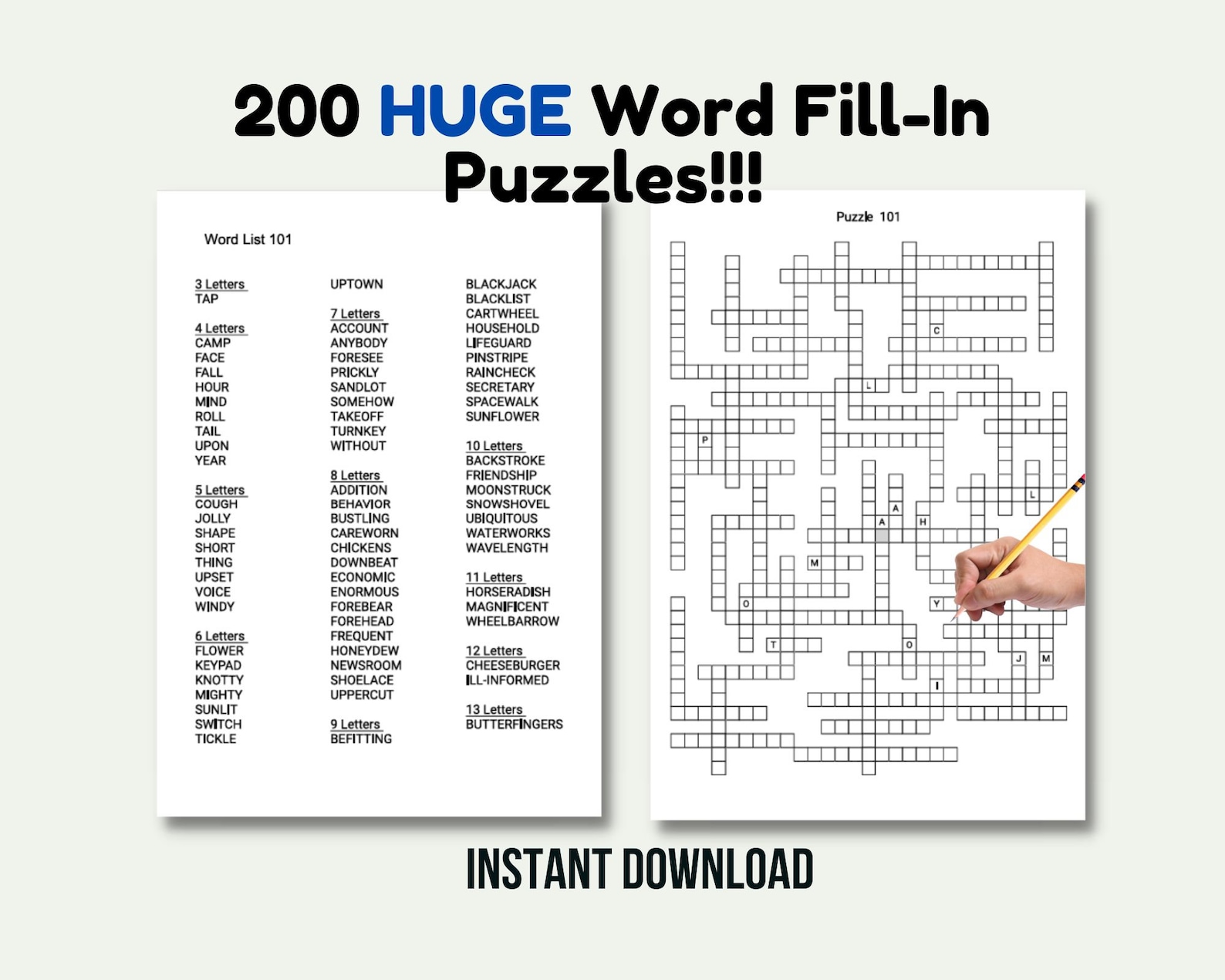 200 HUGE Printable Word Fill in Puzzle Pages for Adults, Large Print ...