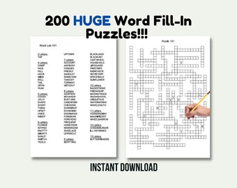 200 HUGE Printable Word Fill In Puzzle Pages For Adults, Large Print Easy To Read Fill In Word Crossword Puzzles, Instant Digital Download