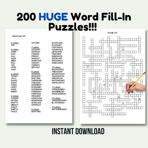 200 HUGE Printable Word Fill In Puzzle Pages For Adults, Large Print Easy To Read Fill In Word Crossword Puzzles, Instant Digital Download