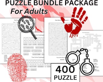 真実の犯罪パズルバンドル | 400個の印刷可能な大人向けパズル | ワードサーチ、穴埋め式、暗号文、ワンワードワードサーチパズル | PDFダウンロード