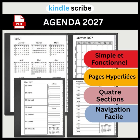Agenda Kindle Scribe 2027 : Annuel, Mensuel, Hebdomadaire, Quotidien (Téléchargement Numérique)