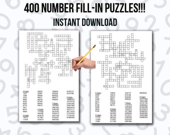 May include: A printable set of 400 number fill-in puzzles for instant download. The image shows two example puzzles with a pencil pointing to a square on the puzzle.