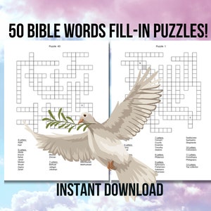 Puede incluir: Un conjunto de 50 rompecabezas de palabras de la Biblia para completar, imprimibles. Los rompecabezas están diseñados para adultos y niños. La imagen muestra una paloma blanca con una rama de olivo en su pico, volando sobre dos crucigramas. El texto "50 BIBLE WORDS FILL-IN PUZZLES!" está en la parte superior de la imagen. El texto "INSTANT DOWNLOAD" está en la parte inferior de la imagen.