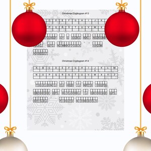 Op de afbeelding: Twee zwart-witte kerstcryptogram-puzzels met de woorden "Christmas Cryptogram #13" en "Christmas Cryptogram #14" bovenaan elke puzzel. De puzzels zijn gedrukt op een witte achtergrond met een sneeuwvlokkenpatroon.