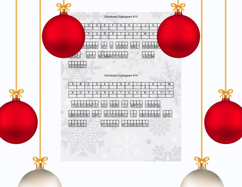 Op de afbeelding: Twee zwart-witte kerstcryptogram-puzzels met de woorden "Christmas Cryptogram #13" en "Christmas Cryptogram #14" bovenaan elke puzzel. De puzzels zijn gedrukt op een witte achtergrond met een sneeuwvlokkenpatroon.