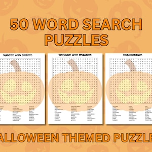 K&ouml;nnte beinhalten: Eine Sammlung von 50 Wortsuchr&auml;tseln zum Thema Halloween. Das Bild zeigt drei einzelne R&auml;tselbl&auml;tter mit den Titeln Ghosts and Spirits, Witches and Wizards und Scarecrows, die jeweils einen gro&szlig;en K&uuml;rbis als Hintergrundgrafik haben.