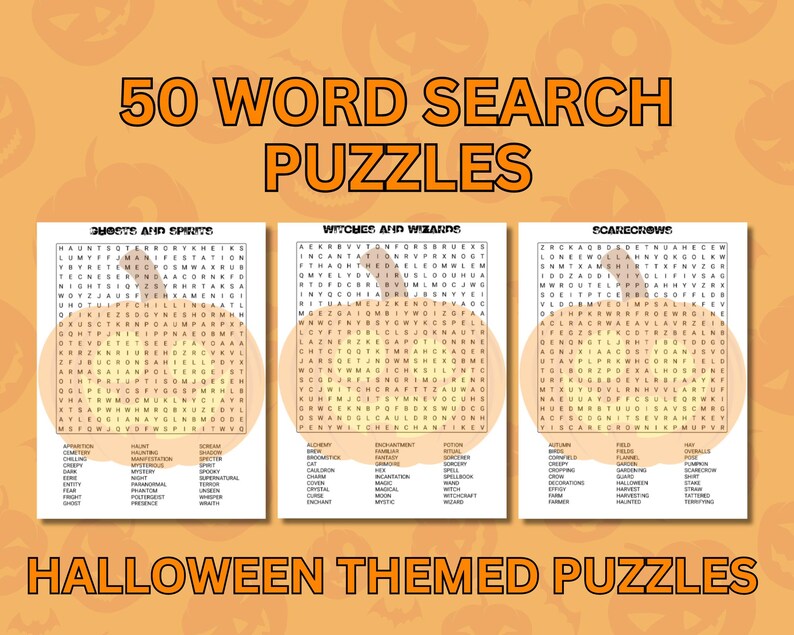 K&ouml;nnte beinhalten: Eine Sammlung von 50 Wortsuchr&auml;tseln zum Thema Halloween. Das Bild zeigt drei einzelne R&auml;tselbl&auml;tter mit den Titeln Ghosts and Spirits, Witches and Wizards und Scarecrows, die jeweils einen gro&szlig;en K&uuml;rbis als Hintergrundgrafik haben.