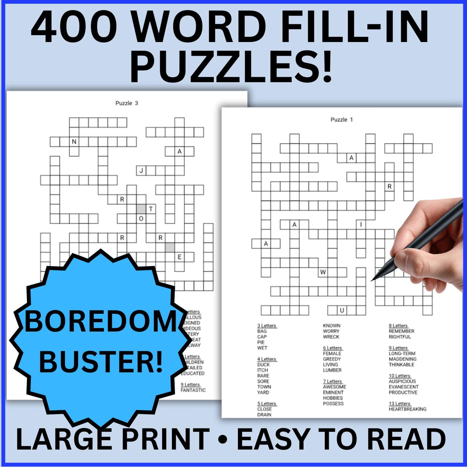400 Word Fill in Puzzles Printable, Large Print Puzzle Book PDF for