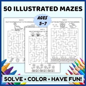 Può includere: Una raccolta di 50 labirinti illustrati per bambini dai 5 ai 7 anni, con fogli di attività in bianco e nero a tema dinosauri, api e farfalle. Le pagine includono testi come Help the dinosaur get to the dinosaur e Solve, color, have fun.