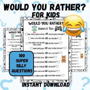 Könnte beinhalten: Ein druckbares Spiel mit dem Titel "Would You Rather? For Kids" mit 100 albernen Fragen. Das Spiel zeigt einen Roboter, einen Gamecontroller und ein lachendes Emoji. Der Text "Instant Download" ist ebenfalls sichtbar.