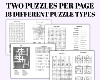 100 Puzzle Variety Pack Printable • Word Search • Sudoku • Crossword • Cryptogram • Mazes • 18 Puzzle Types • 50 Pages • 2 Puzzles Per Page