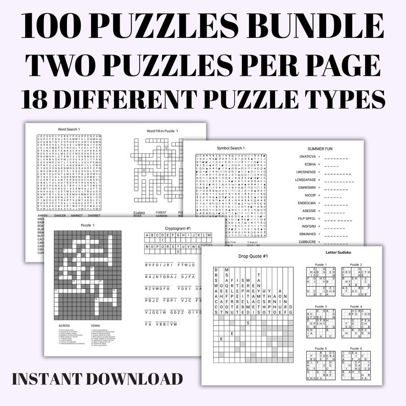 Puzzles Paper 100 Puzzle Variety Pack Printable • Word Search • Sudoku • Crossword ...