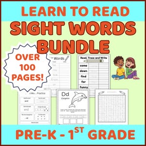 May include: A colorful educational bundle for pre-K to 1st grade students. The image features worksheets with sight words, tracing exercises, and a word search. The text reads "Learn to Read Sight Words Bundle" and "Over 100 Pages!"