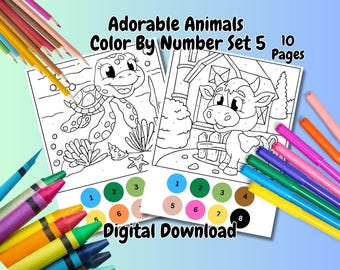 Adorable Animals Color By Number: 10 Printable Coloring Pages (Digital Download)