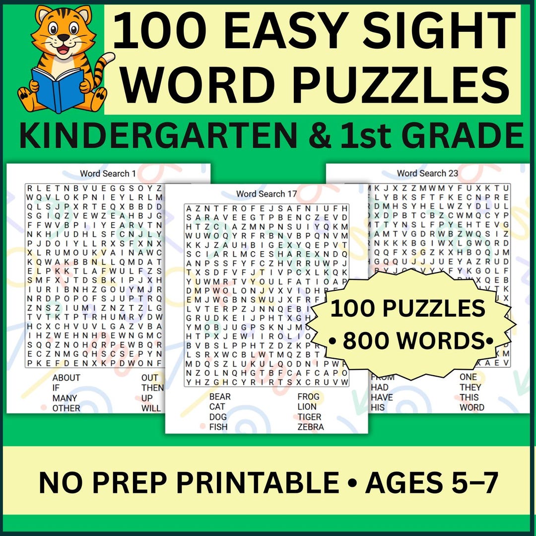 Kindergarten Sight Word Puzzles | 100 Easy Word Search (ages 5-7) - Etsy