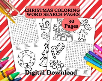 Sopa de letras y páginas para colorear navideñas: 30 páginas de rompecabezas navideños para niños (PDF imprimible)