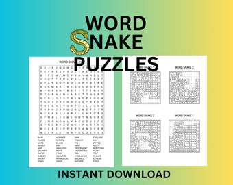 Word Snake Puzzles: 100 Printable Word Searches (Instant Download)