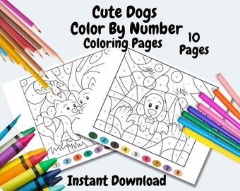 Cute Dogs Color by Number | 10 Printable Coloring Pages for Kids & Adults | Instant Download PDF | Fun and Relaxing Art Activity