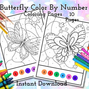 May include: A set of 10 printable coloring pages featuring butterflies. Each page has a different butterfly design with numbers to color by. The pages are black and white with a color key at the bottom.