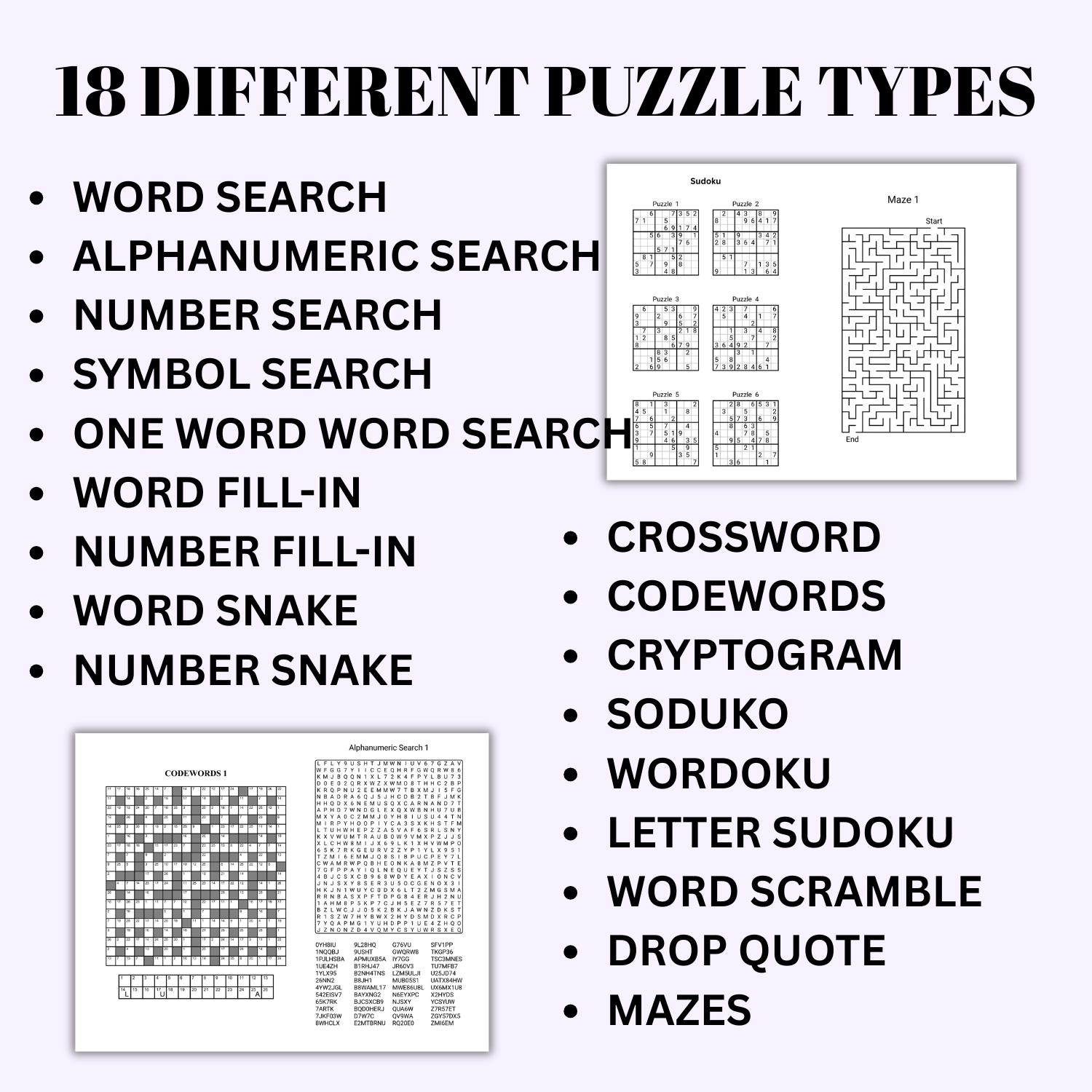 Puzzles Paper 100 Puzzle Variety Pack Printable • Word Search • Sudoku • Crossword ...