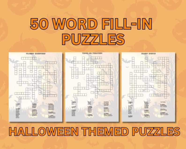 K&ouml;nnte beinhalten: Eine Sammlung von 50 Wortr&auml;tseln zum Ausf&uuml;llen, bestehend aus drei bedruckten Seiten mit Halloween-Gittern und Wortlisten. Die Seiten zeigen schwarze R&auml;tselk&auml;stchen vor einem hellen Hintergrund mit Silhouetten von B&auml;umen, Flederm&auml;usen und H&auml;nden.