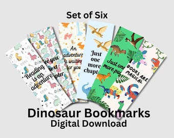 Dinosaur Bookmarks | Set of Six Printable Bookmarks for Kids| Instant Digital Download