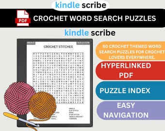 Kindle Scribe Crochet Word Search Puzzles, 50 Themed Puzzles (Digital Download)