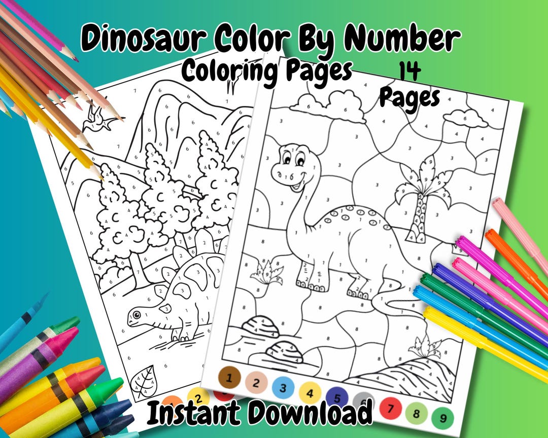 Dinosaur Color by Number 14 Printable Coloring Pages (digital Download