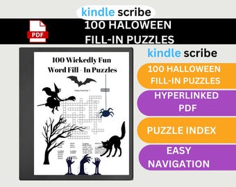 May include: A Kindle Scribe displaying a PDF with Halloween-themed word fill-in puzzles. The cover features a witch, bat, spider, and black cat. Text includes "100 Halloween Fill-In Puzzles," "Hyperlinked PDF," and "Easy Navigation."