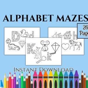 Livro de colorir labirintos do alfabeto – 26 planilhas de labirinto de A a Z para imprimir para crianças | Atividade educacional de reconhecimento de letras | Download instantâneo em PDF