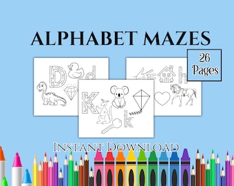 Alphabet Mazes Coloring Book – 26 Printable A-Z Maze Worksheets for Kids | Educational Letter Recognition Activity | Instant Download PDF