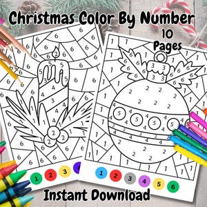 Colorear por números para Navidad / 10 páginas para colorear festivas imprimibles para niños y adultos / Descarga instantánea en PDF / Actividad artística navideña