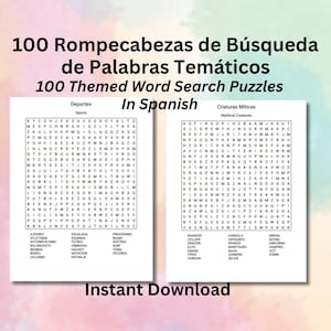 以下が含まれることがあります： 白黒の2つの単語検索パズル。最初のパズルは「Deportes」と題され、2番目のパズルは「Criaturas Miticas」と題されています。パズルは、スポーツと神話上の生き物に関連する文字と単語でいっぱいです。画像の下部には「Instant Download」というテキストがあります。