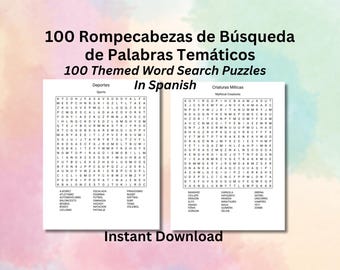 100 Spanish Word Search Puzzles: Printable Themed Games (PDF Download)