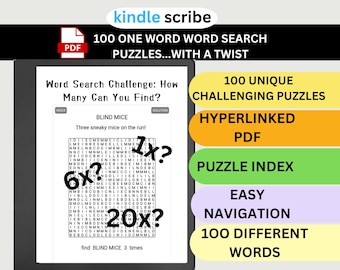 Può includere: Uno schermo Kindle Scribe mostra un cruciverba con il testo "BLIND MICE." L'immagine include il testo "100 ONE WORD WORD SEARCH PUZZLES...WITH A TWIST" ed evidenzia funzionalità come "100 UNIQUE CHALLENGING PUZZLES" e "HYPERLINKED PDF."