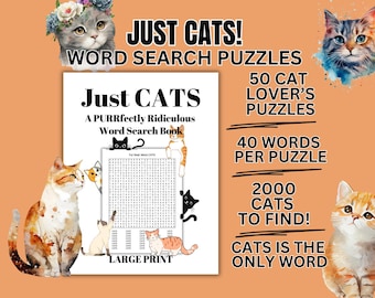 Cat Lover Word Search Puzzles: Printable Activity Book (PDF Download)