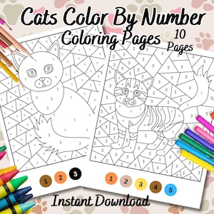 かわいい猫の塗り絵（数字で色を塗る）｜子供と大人向けの印刷可能な塗り絵10ページ｜PDFをすぐにダウンロード｜リラックスできるアートアクティビティ