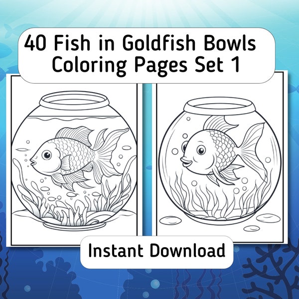40 Cute Fish in Bowls Coloring Pages, Fish Bowl Coloring Pages, Fishbowl Coloring Sheets, Instant Download