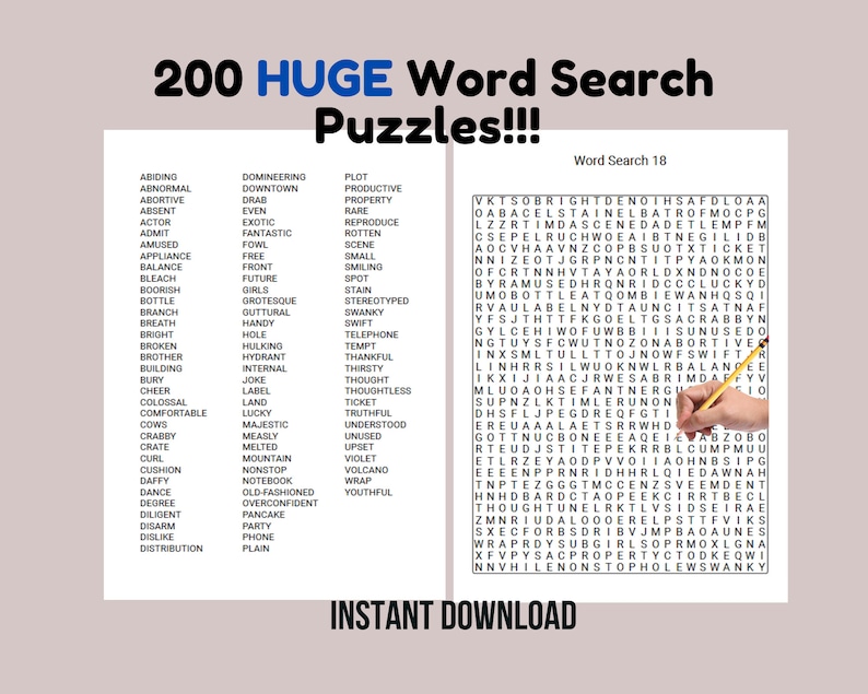 K&ouml;nnte beinhalten: Ein Wortsuchr&auml;tsel mit dem Titel "200 HUGE Word Search Puzzles!!!" und dem Text "Word Search 18". Das R&auml;tsel ist mit Buchstaben gef&uuml;llt und ein Bleistift zeigt auf ein Wort im R&auml;tsel.