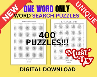 Może przedstawiać: Cyfrowe pobieranie z dwiema łamigłówkami wyszukiwania słów z tekstem "ONE WORD ONLY WORD SEARCH PUZZLES". Obraz zawiera tekst "400 PUZZLES!!!" i "DIGITAL DOWNLOAD". Łamigłówki są na białym papierze.