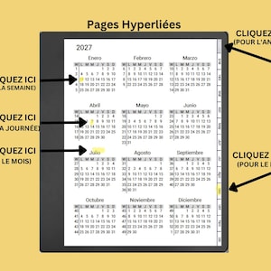 May include: A digital planner display showing a 2027 calendar with twelve months in Spanish. The interface features black arrows pointing to interactive areas labeled CLIQUEZ ICI, indicating clickable links for the year, week, day, and month.