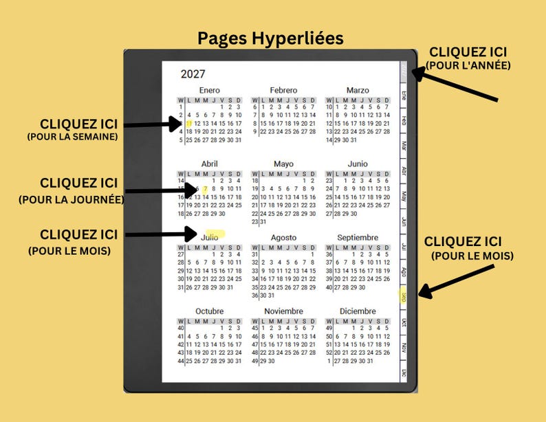 May include: A digital planner display showing a 2027 calendar with twelve months in Spanish. The interface features black arrows pointing to interactive areas labeled CLIQUEZ ICI, indicating clickable links for the year, week, day, and month.