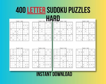 May include: A printable worksheet with eight black and white letter Sudoku puzzles. The puzzles are labeled "Hard" and each puzzle has a number and the word "Hard" next to it. The text "400 LETTER SUDOKU PUZZLES HARD" is at the top of the page and the text "INSTANT DOWNLOAD" is at the bottom of the page.