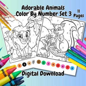 Adorable Animals Color By Number Set,  11 Pages (Digital Download)