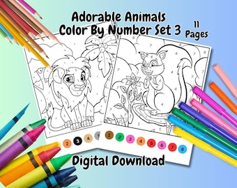 Adorable Animals Color By Number Set,  11 Coloring Pages (Digital Download)