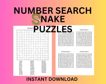 100 Number Snake Search Puzzles: Printable Pages (Digital Download)