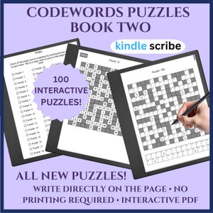 Può includere: Immagine di un Kindle Scribe che mostra Codewords Puzzles Book Two. L'immagine mostra 100 puzzle interattivi, con il testo "Scrivi direttamente sulla pagina" e "Nessuna stampa richiesta". I puzzle sono in bianco e nero.