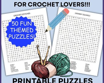 Crochet Word Search Puzzle Bundle,  50 Printable Crochet Themed Puzzles